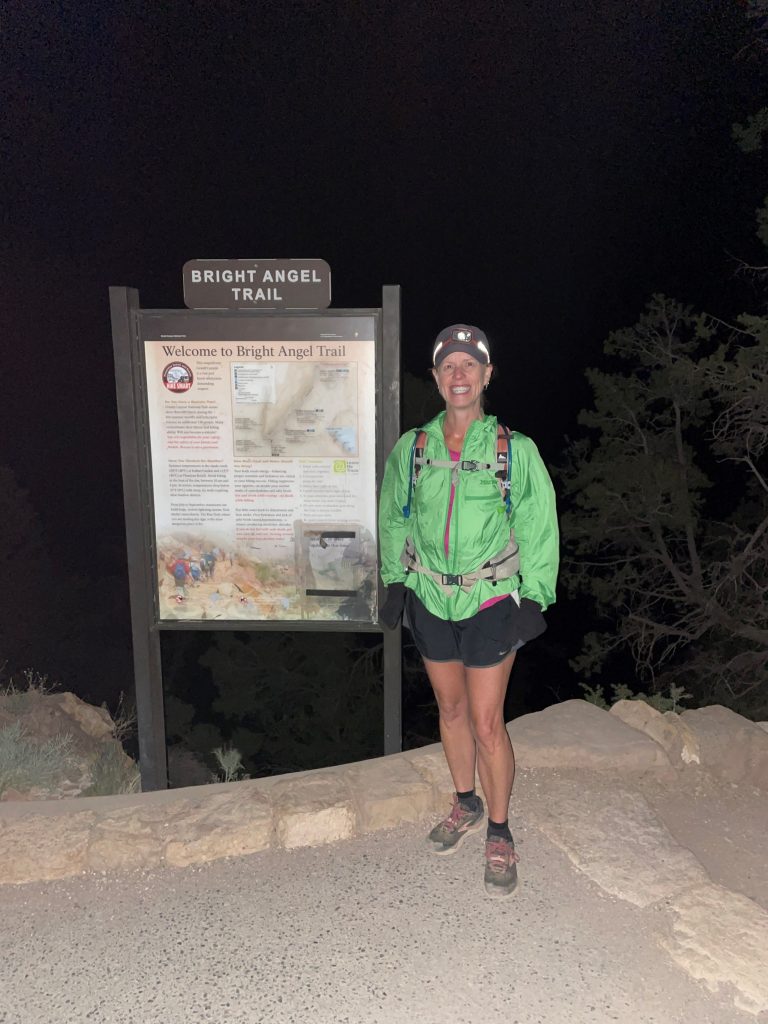 Kathie (Schaap '89) Hale started her Rim-to-Rim-to-Rim run at the Grand Canyon's South Rim at 2:30 a.m. Photo: Courtesy of Kathie (Schaap '89) Hale