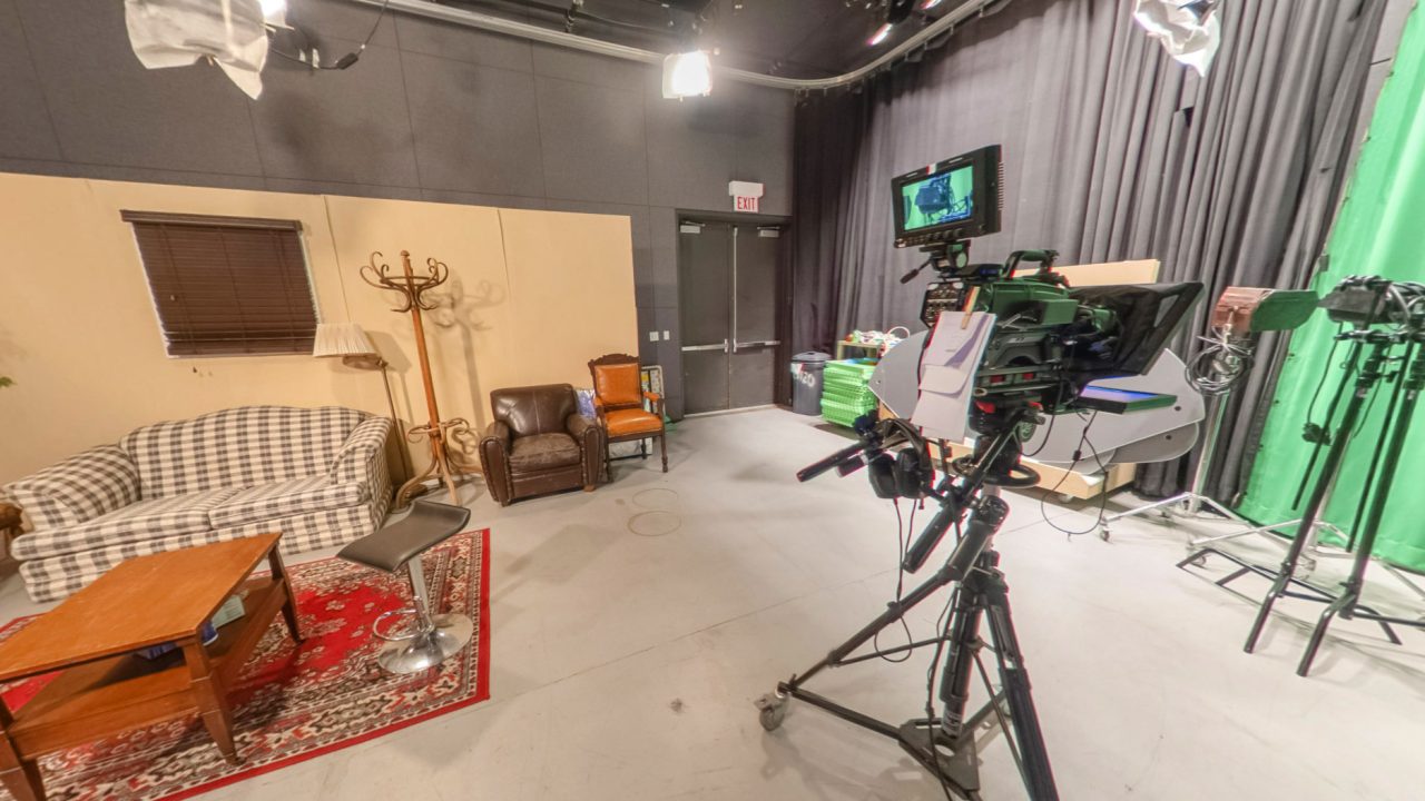 Our main TV studio is a full featured high definition production facility that can accommodate a wide range of production needs from news programming, interviews and dramas.